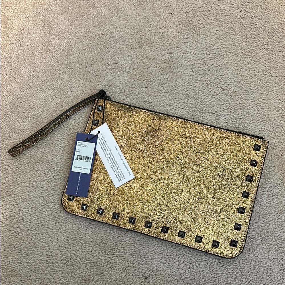 REBECCA MINKOFF Studded Glitter Metallic Gold Kerry Pouch Wristlet Clutch